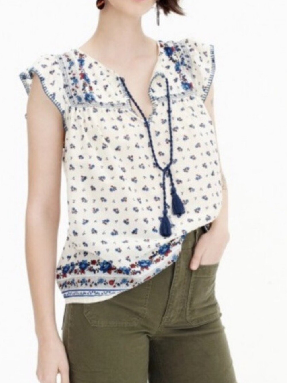 J. Crew Point Sur Peasant Boho Top Blouse Flutter Sleeves Tassle Tie Cream Blue